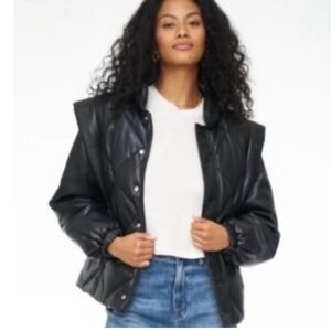 Pistola Black Faux Leather Quilted Puffer Jacket Shoulder Pad Modern Style Small